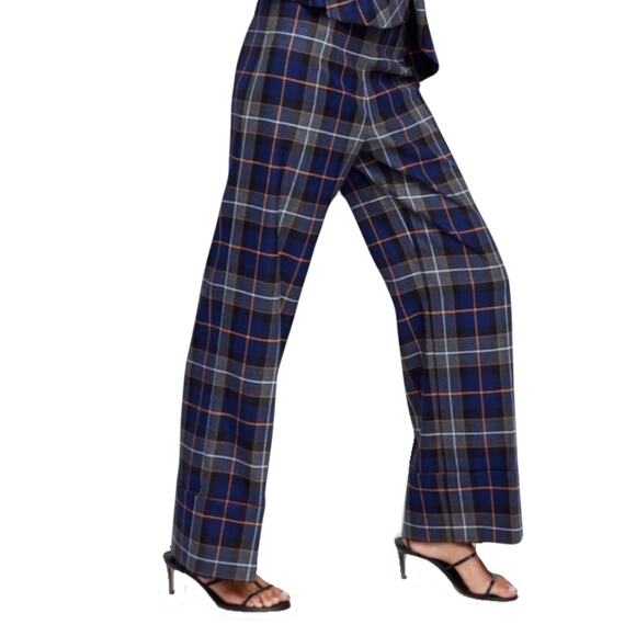 NWOT ZARA Pants S Plaid High-Rise Wide Flare High-Cuffed Retro Blue Grey Multi - Picture 1 of 12